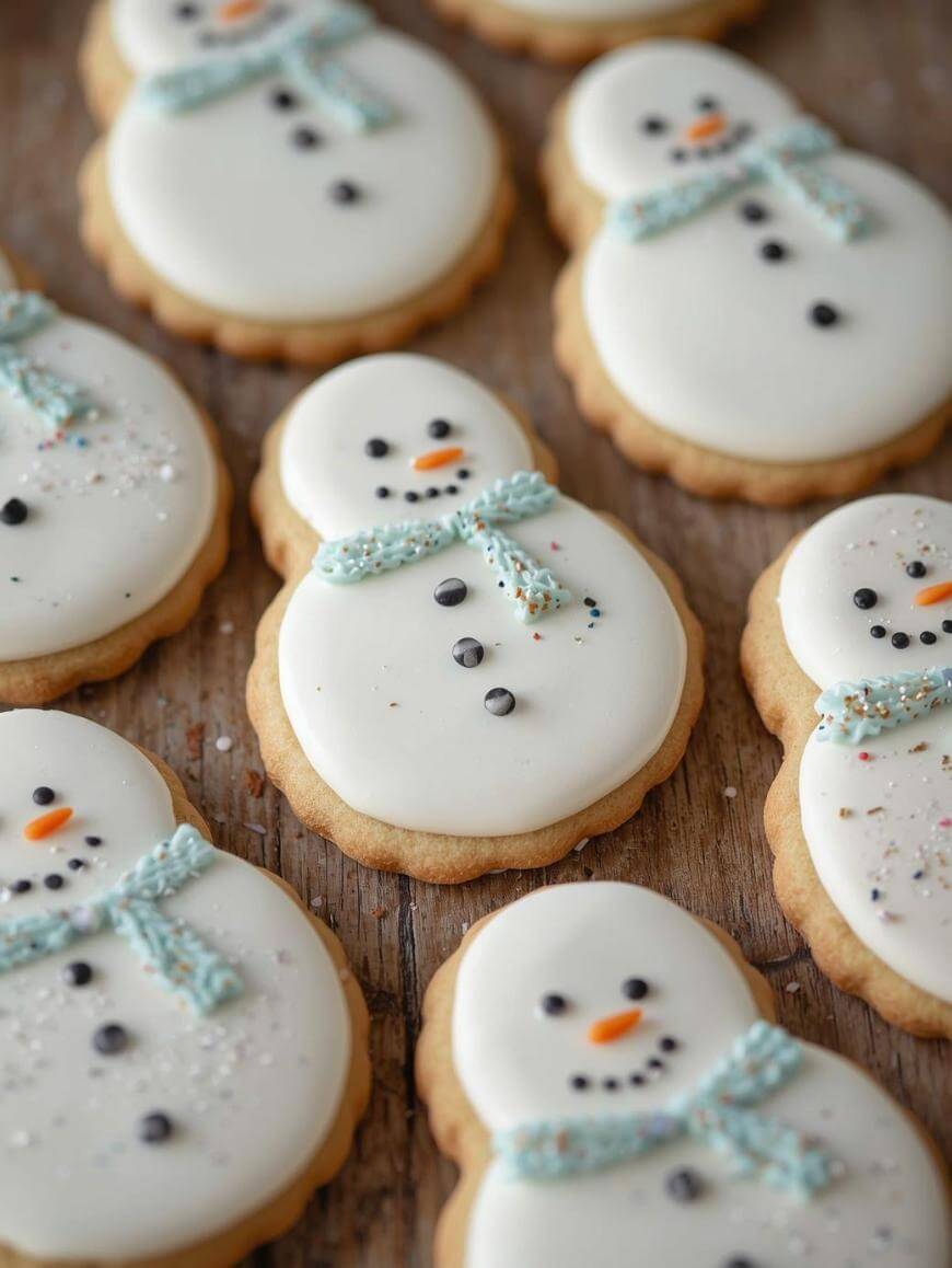 Sugar cookies decorated as snowmen with white icing, black icing for eyes and buttons, orange icing for noses, and blue scarves. The cookies are arranged on a rustic wooden surface.