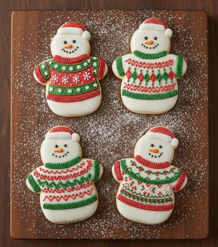 Four snowman-shaped cookies decorated with colorful, festive Christmas sweaters, hats, and faces, arranged on a wooden board lightly dusted with powdered sugar.