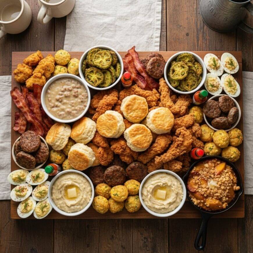 A wooden board filled with Southern breakfast foods: biscuits, fried chicken, bacon, sausage patties, deviled eggs, grits, gravy, cornbread, and small bowls of jam and preserves, all arranged on a rustic table.