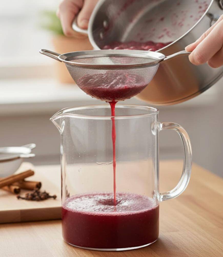 A person pours a pot of red liquid through a fine mesh strainer into a glass pitcher on a wooden table. Cinnamon sticks and cloves are visible in the background.