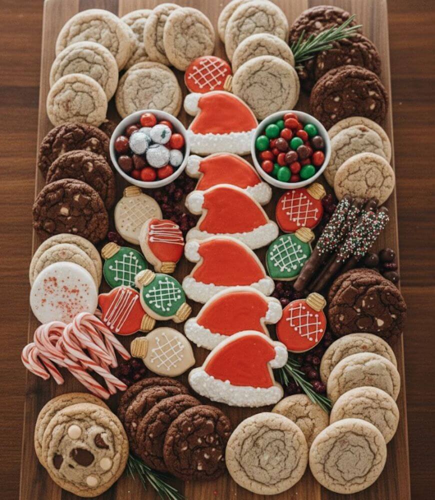 A festive platter with assorted cookies, Santa hat-shaped sugar cookies, chocolate candies, mini candy canes, decorated holiday cookies, and chocolate-dipped pretzel sticks, arranged neatly on a wooden board.