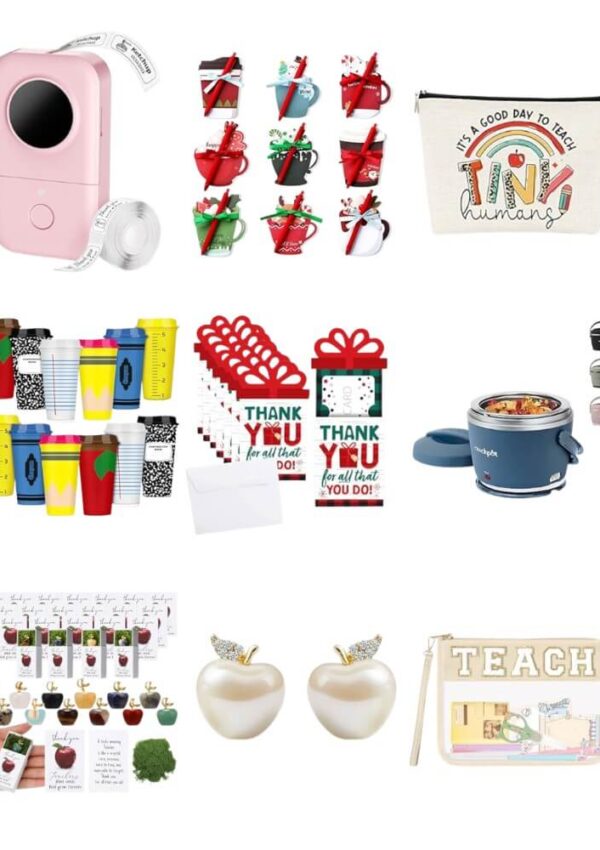 A collage of colorful teacher-themed gifts, including a pink mini fan, holiday pens, a pouch with Its a Good Day to Teach, reusable cups, thank you cards, a lunch warmer, apple keychains, pearl apple earrings, and a purse labeled TEACH.