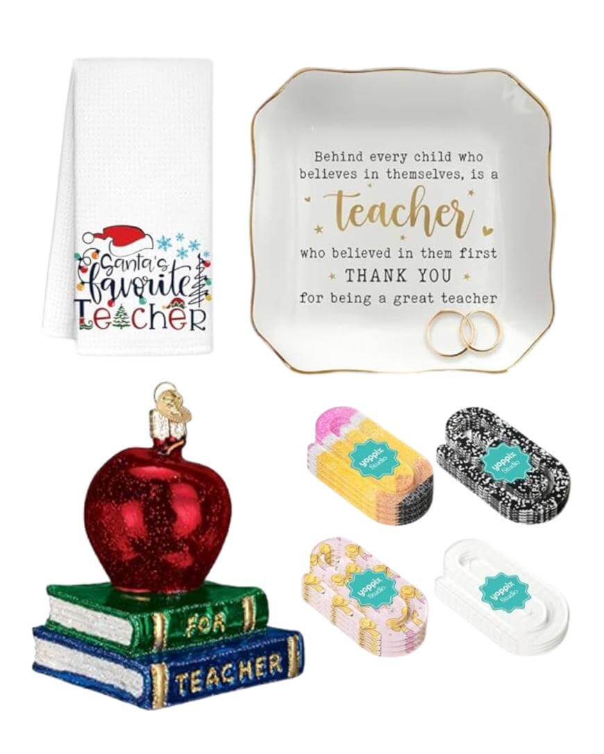 A collection of teacher gifts: a towel with Santa’s Favorite Teacher text, a decorative plate with a gratitude quote, a red apple ornament on books, and four sets of colorful and patterned hair ties.