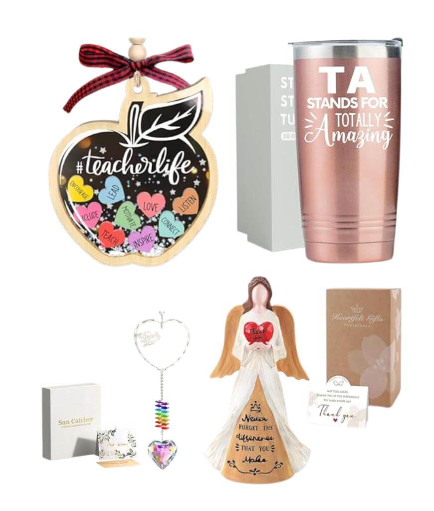 A collage of teacher appreciation gifts, including a heart-shaped “#teacherlife” plaque, a rose gold tumbler with “TA stands for totally amazing,” a heart sun catcher, and two angel figurines with heartfelt messages.