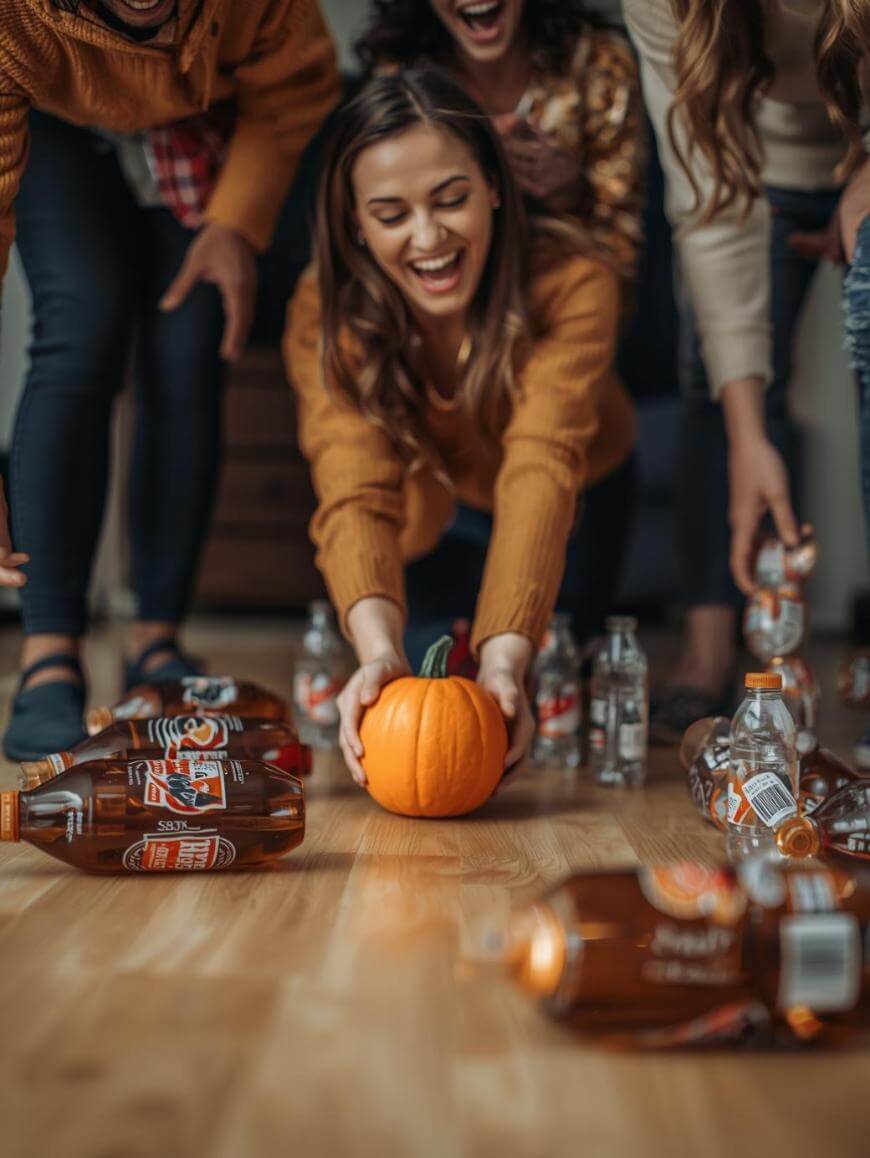 A woman smiles and leans forward while rolling a small pumpkin on a wooden floor, aiming at plastic soda bottles as part of an indoor game. Two other people beside her are also engaged and laughing.