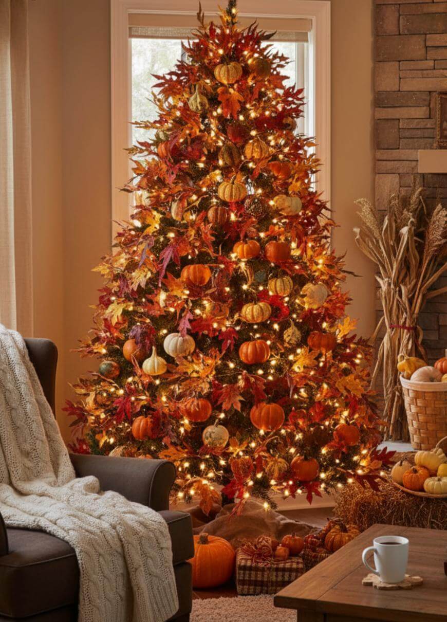 A Christmas tree decorated with autumn leaves, pumpkins, and warm white lights stands in a cozy living room. There’s a knit blanket on an armchair, a basket of pumpkins, and a mug on a table nearby.
