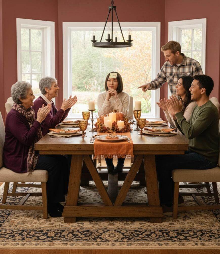 Six people are sitting around a dining table set for a meal. The woman at the head of the table has a sticky note on her forehead while others laugh, point, and clap, suggesting they are playing a guessing game.