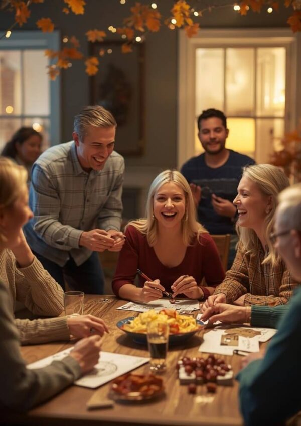 A group of friends sits around a table playing a board game and laughing, with snacks and drinks, in a warmly lit room decorated with autumn leaves.