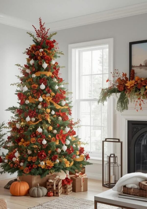 A Christmas tree decorated with red, orange, and yellow flowers, white ornaments, and garlands stands by a window. Wrapped gifts, pumpkins, and autumn leaves adorn the base. A mantel is decorated with matching fall foliage.