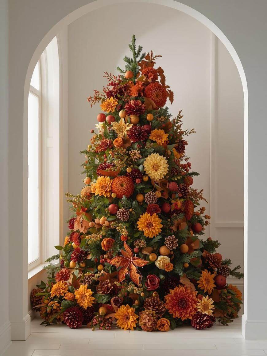 A Christmas tree decorated with autumn-colored flowers, leaves, and fruits in shades of orange, yellow, and red, placed in a bright room under an arched doorway.