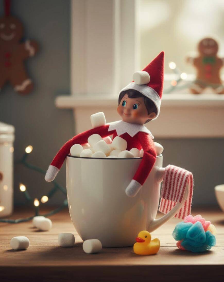 A toy elf in a red outfit sits in a white mug filled with marshmallows. Nearby are a rubber duck, a blue bath sponge, a candy-striped towel, and festive decorations with blurred gingerbread figures in the background.