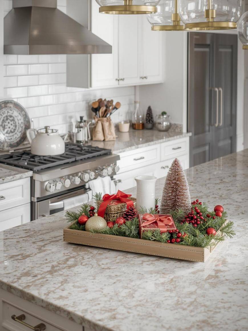A festive kitchen scene with a marble island featuring a wooden tray decorated with pine branches, red berries, ornaments, a small Christmas tree, candles, and gift boxes. White cabinets and a stainless steel stove are in the background.