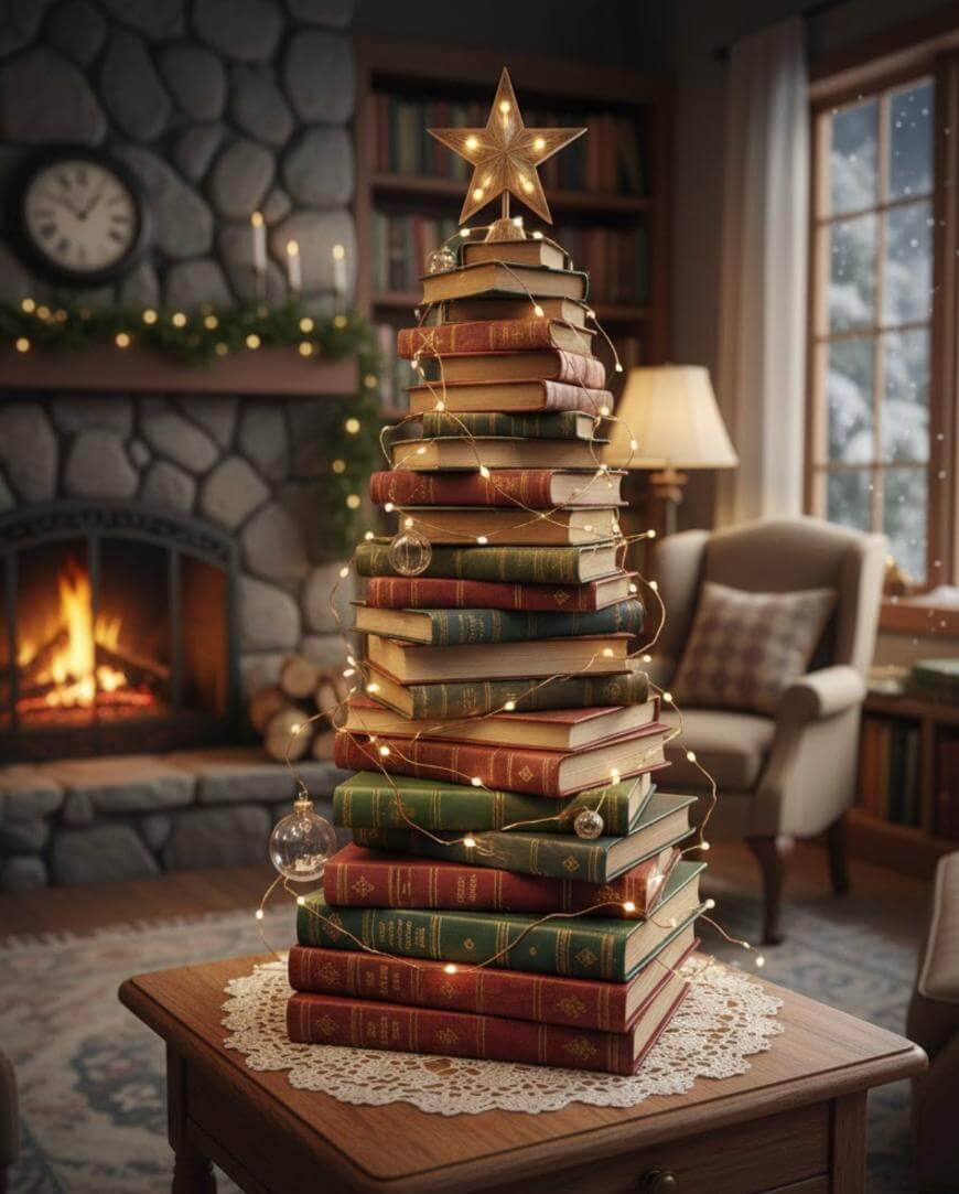 A Christmas tree made of stacked books, decorated with string lights and ornaments, stands on a table in a cozy living room with a lit fireplace, bookshelves, and a window showing falling snow outside.
