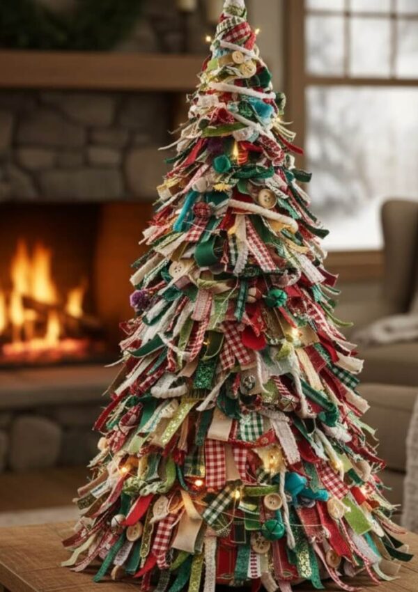 A handmade Christmas tree decorated with colorful fabric strips, ribbons, and buttons sits in a cozy living room near a lit fireplace and a window with a snowy view outside.