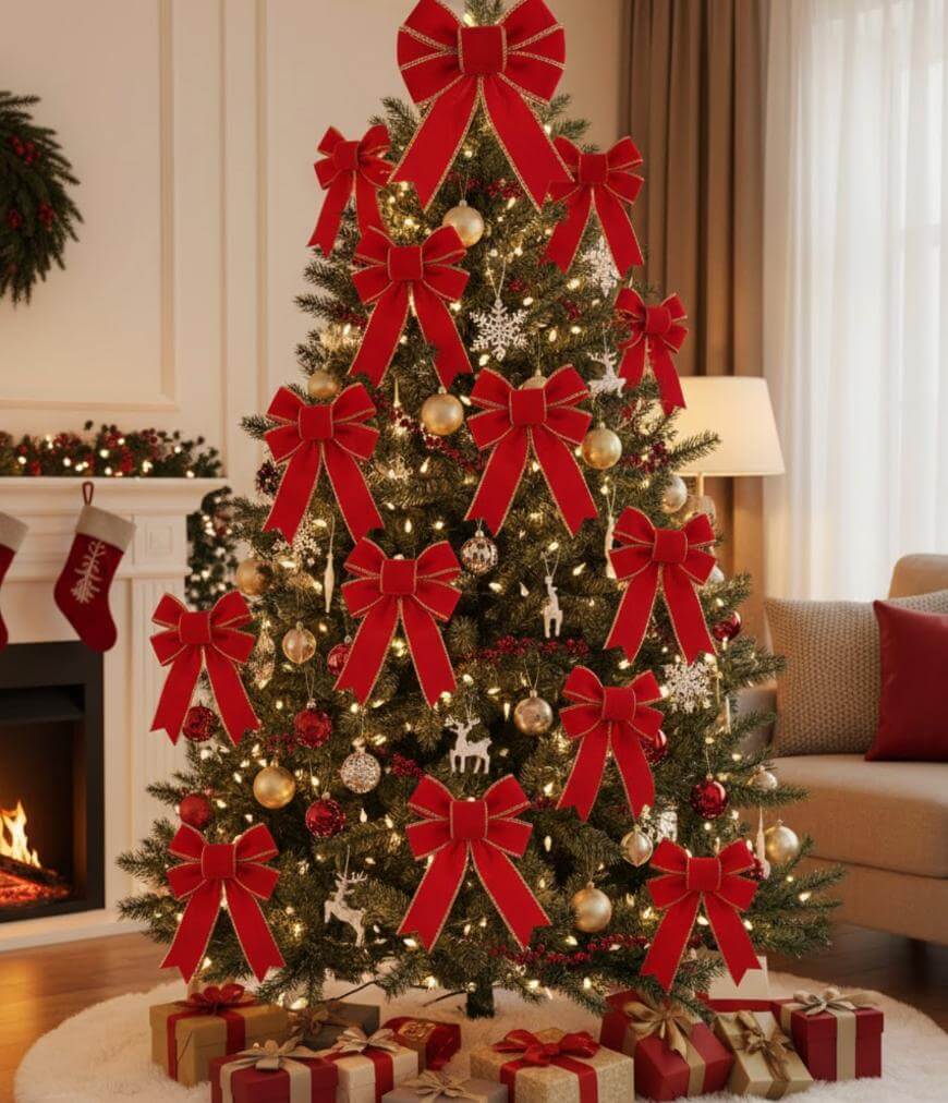 A decorated Christmas tree with large red bows, gold ornaments, and white lights stands in a cozy living room with wrapped presents underneath. A lit fireplace and stockings are visible in the background.
