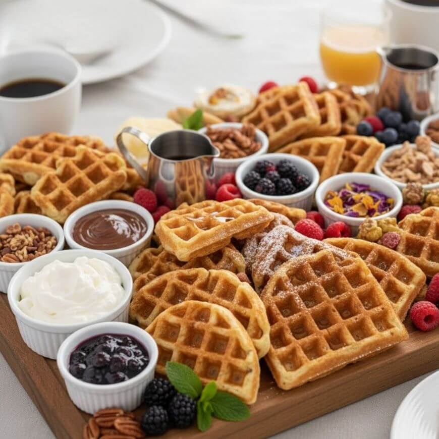 A wooden board topped with golden waffles, berries, whipped cream, jam, nuts, granola, chocolate spread, and syrup, with coffee and orange juice in the background on a white tablecloth.