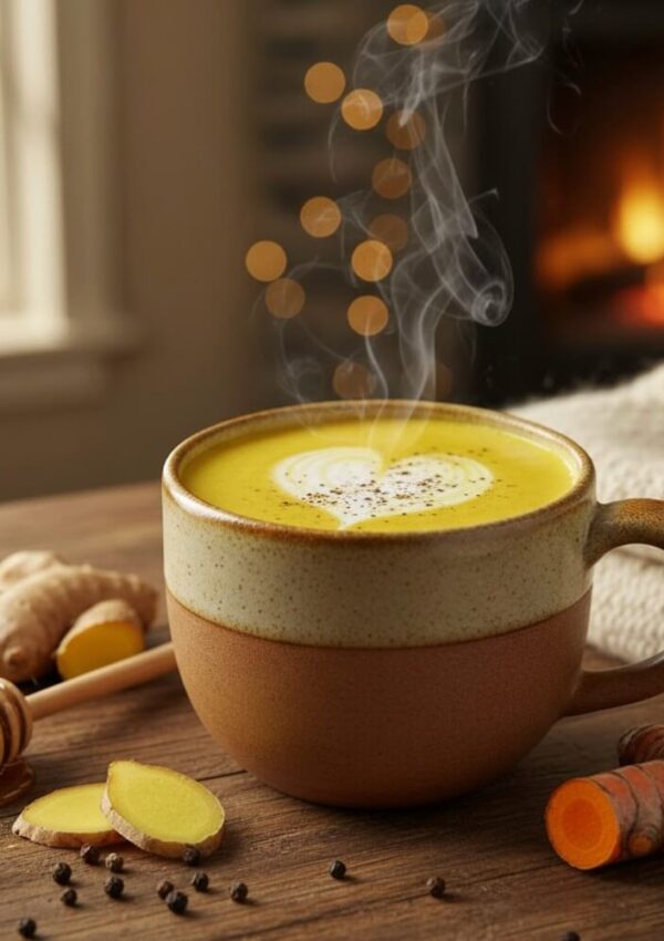 A steaming cup of golden turmeric latte sits on a wooden table, surrounded by honey, ginger slices, turmeric root, and black pepper. A cozy fireplace glows warmly in the blurred background.