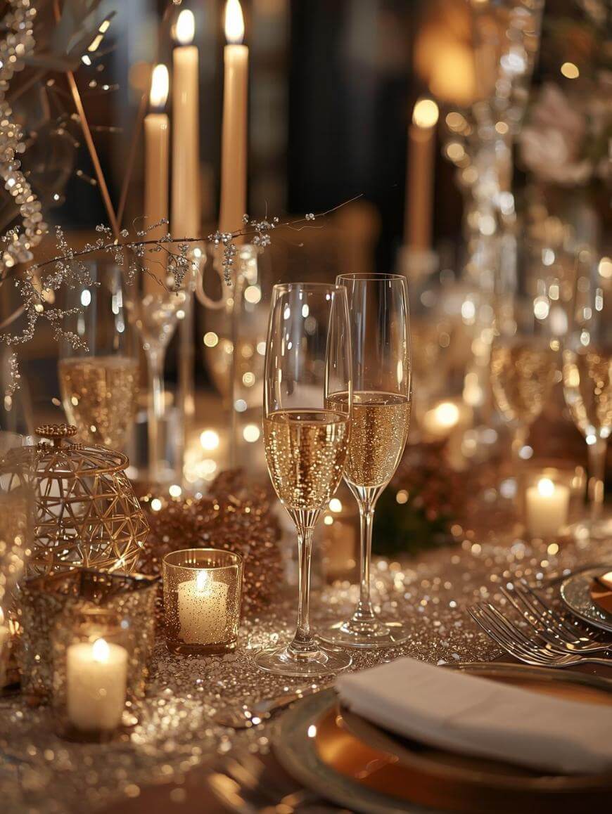 Elegant table setting with two champagne flutes, golden plates, white napkins, and glowing candles. The scene is decorated with sparkling ornaments and warm lighting, creating a festive and luxurious atmosphere.