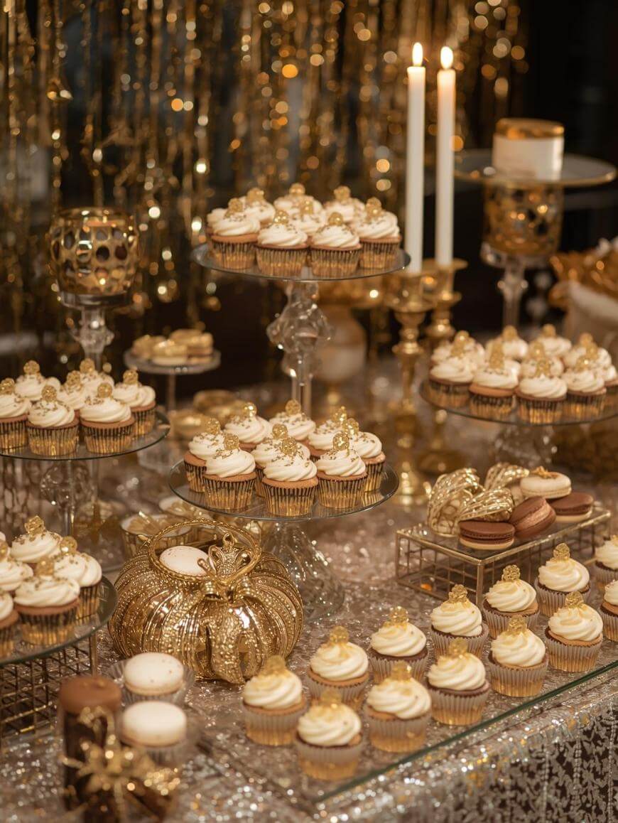 A festive dessert table decorated in gold, featuring cupcakes with gold accents, macarons, golden candles, and sparkling ornaments, set against a shimmering gold backdrop.