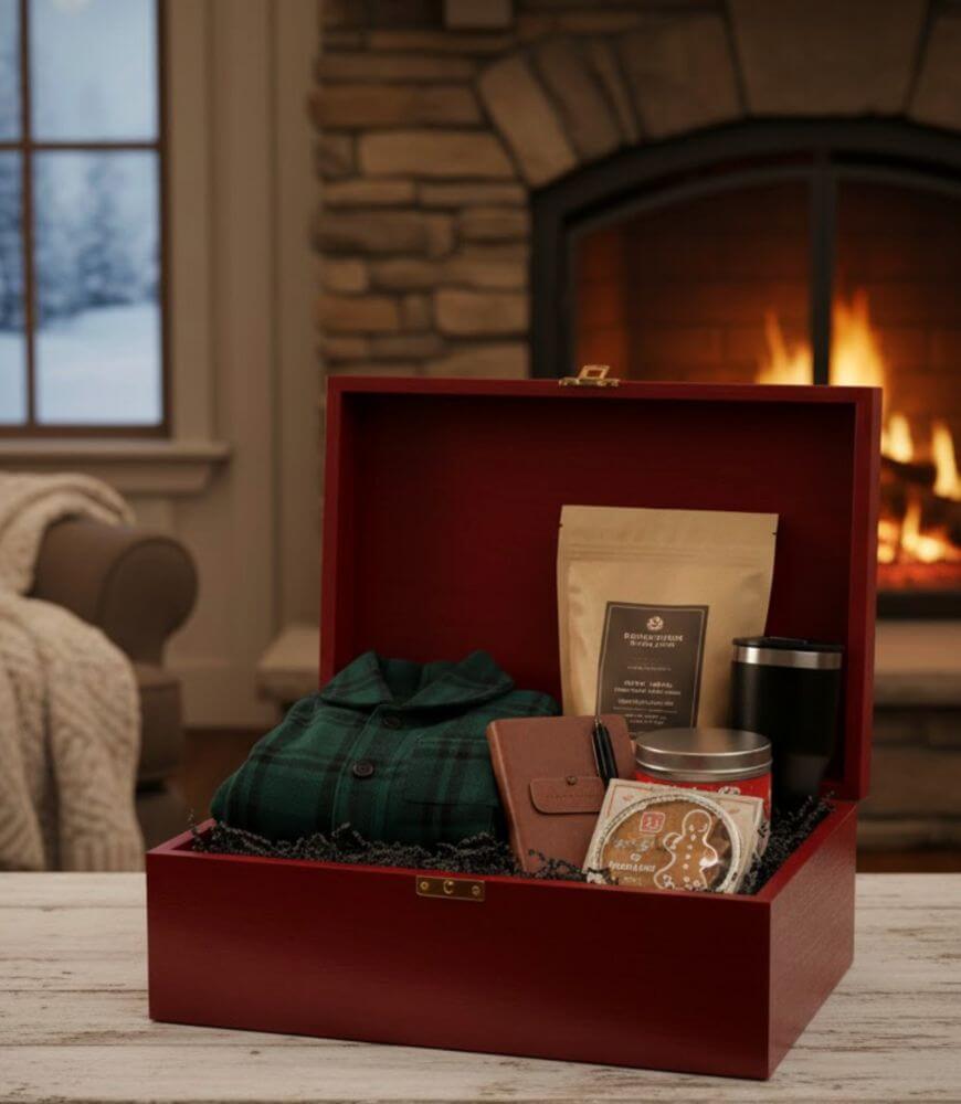 A red gift box sits on a table in front of a fireplace, containing a green plaid shirt, a brown wallet, a coffee bag, a black travel mug, a tin, and a decorated gingerbread cookie. A cozy room with snow outside is visible.