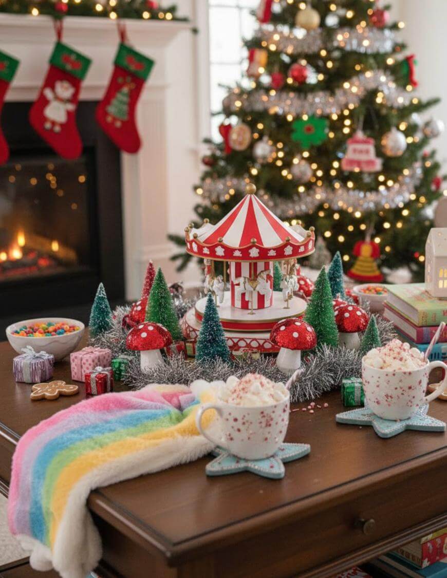 A cozy living room decorated for Christmas with a lit fireplace, a tree with ornaments, stockings, and a table featuring two mugs of hot chocolate, a carousel centerpiece, festive treats, and colorful decorations.