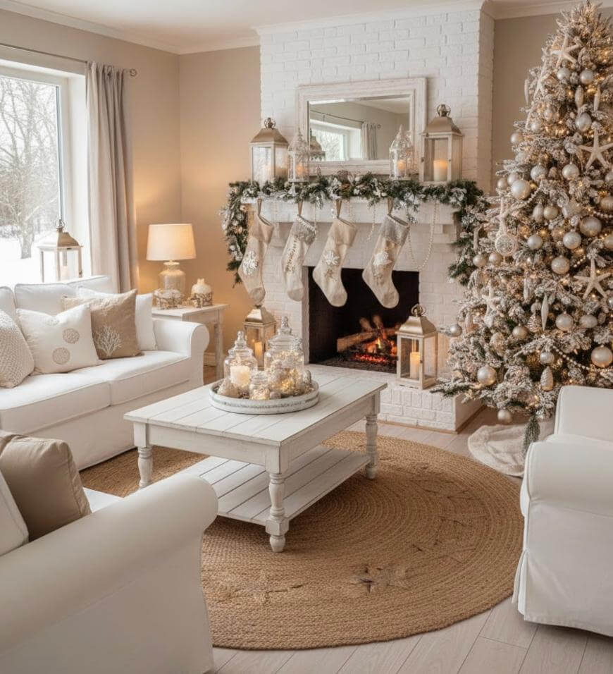 A cozy living room decorated for Christmas with a white theme, featuring a lit fireplace, stockings on the mantel, a decorated tree, candles on a coffee table, and soft white furniture. Snow is visible outside the window.