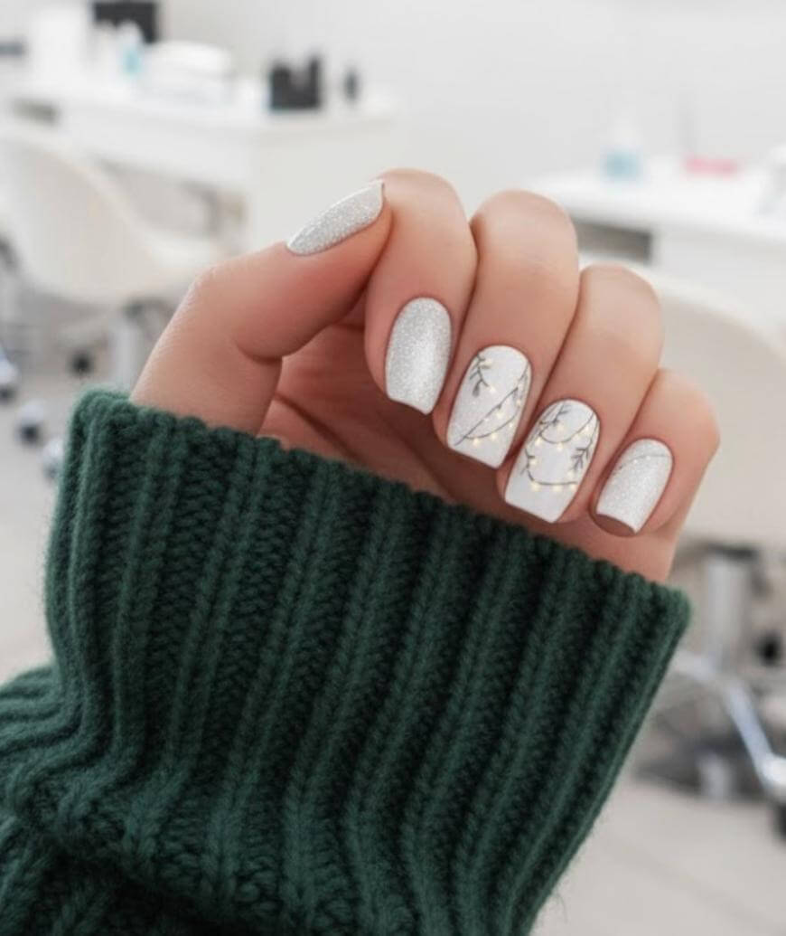 A hand with silver glittery nail polish and accent nails featuring delicate black and gold branch designs. The person is wearing a dark green knitted sweater, and the background shows a blurred salon setting.