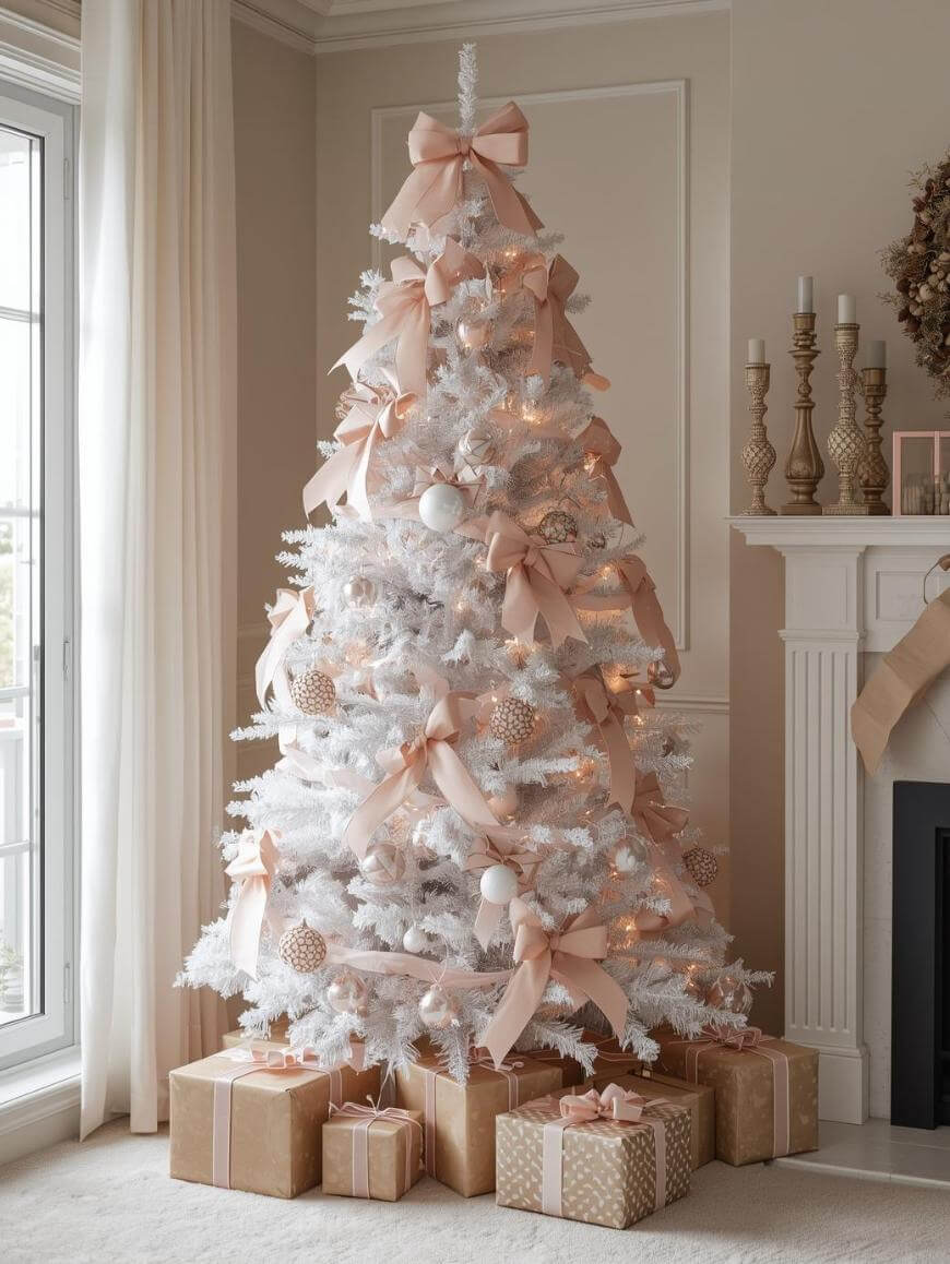 A white Christmas tree decorated with pink bows, white ornaments, and warm lights stands beside a fireplace. Gold and beige wrapped presents are arranged beneath the tree in a cozy, elegant living room.