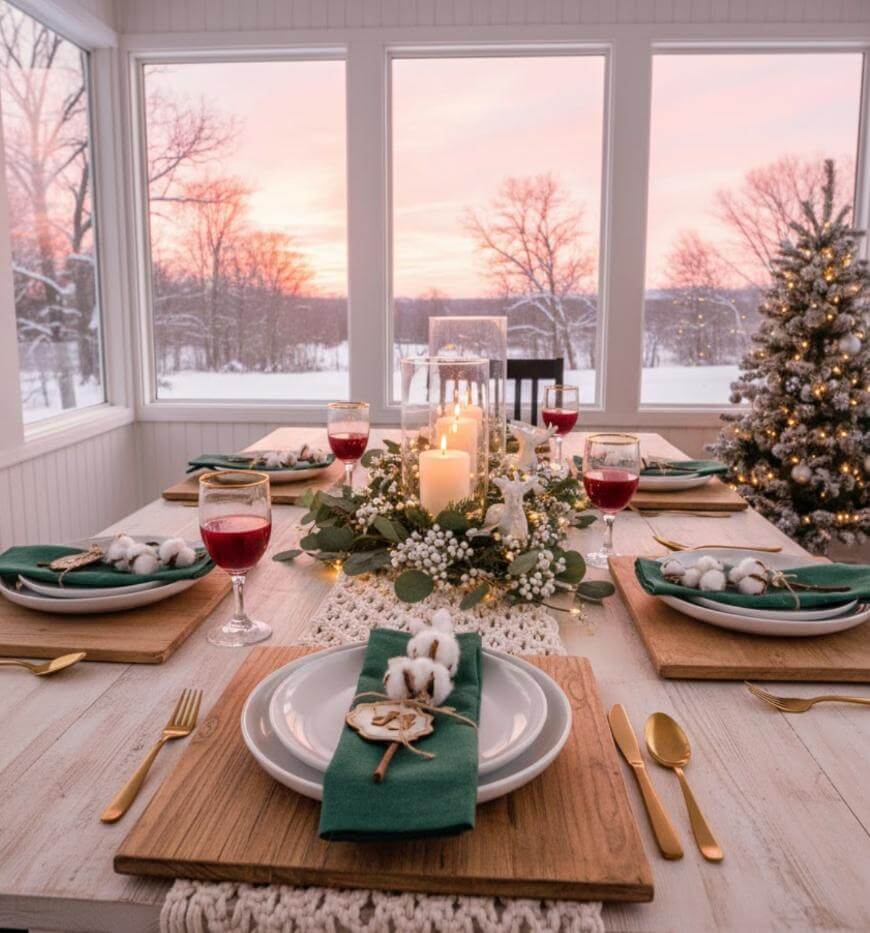 A festive dining table set for six with green napkins, white plates, and gold cutlery, features a centerpiece of candles and greenery. A decorated Christmas tree stands by the window, with a snowy winter landscape and sunset outside.