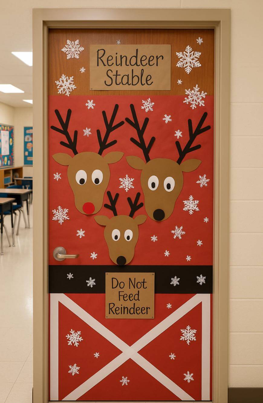 A classroom door decorated as a “Reindeer Stable” with three reindeer faces, snowflakes, and a sign that says “Do Not Feed Reindeer” on a red barn-like background.