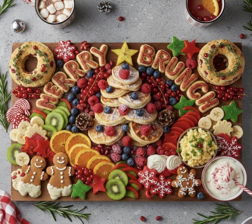 A festive brunch board with pancakes stacked like a Christmas tree, surrounded by fruit, cookies, donuts, and dips. Letter-shaped cookies spell “MERRY BRUNCH.” Decorations include gingerbread men, berries, and snowflake cookies.