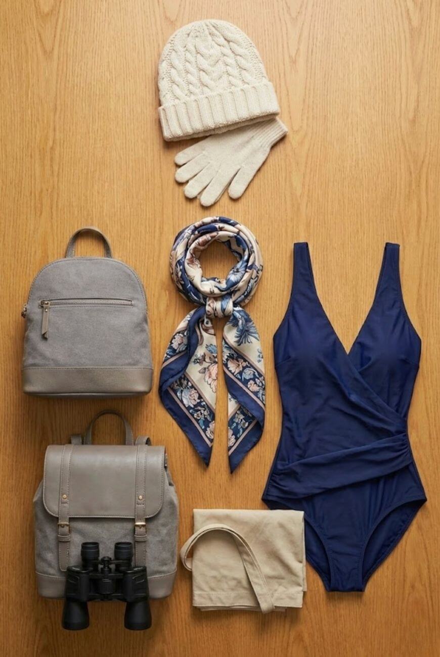 Flat lay of travel essentials on a wooden surface, including a knit hat, gloves, patterned scarf, navy blue swimsuit, two gray backpacks, binoculars, and a folded beige tote bag.