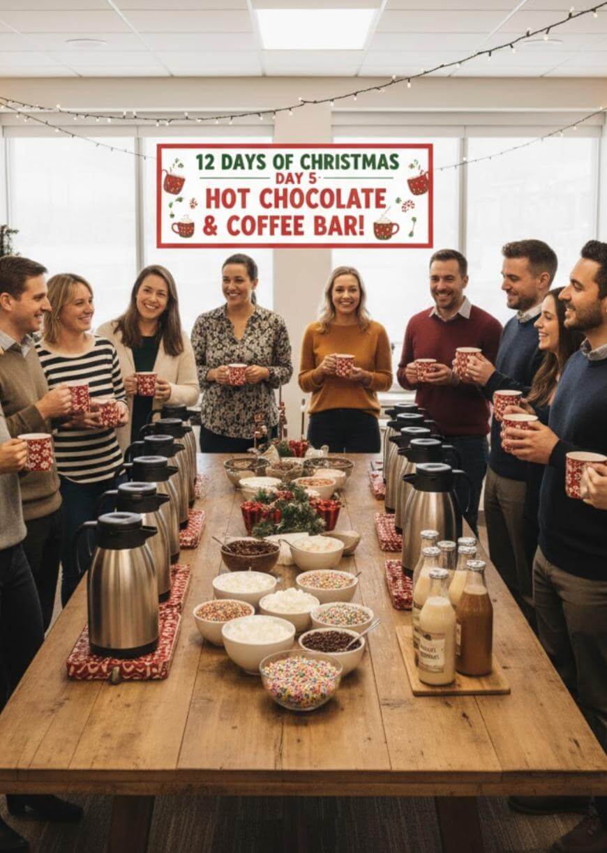 A group of people stand around a table with hot beverage dispensers, mugs, toppings, and syrups at a festive “12 Days of Christmas Hot Chocolate & Coffee Bar” event. A sign hangs in the background.