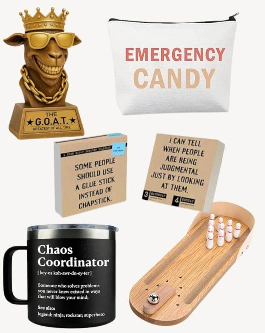 A collage showing: a golden goat trophy with sunglasses and crown labeled The G.O.A.T., a white pouch reading EMERGENCY CANDY, two quote desk signs, a mug labeled Chaos Coordinator, and a mini desktop bowling game.