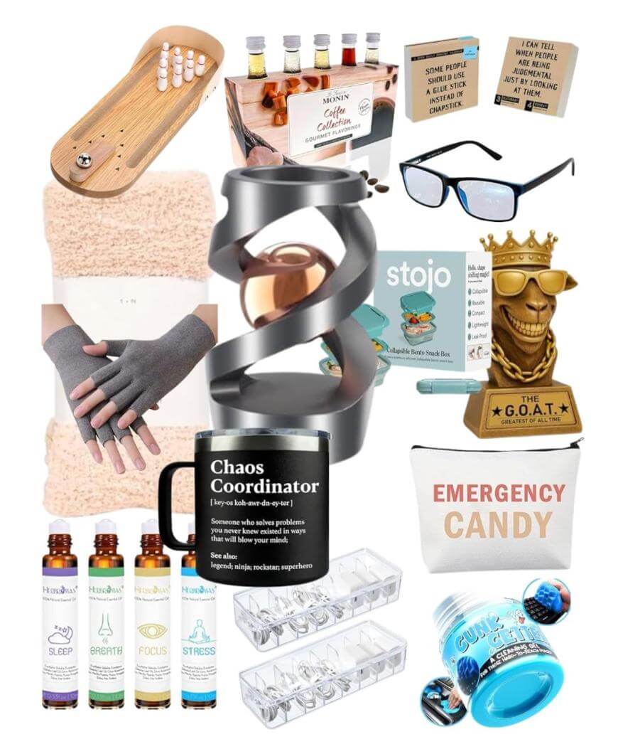 A collage of quirky office gifts, including glasses, coffee samples, a puzzle, mugs, essential oils, blue gloves, stress-relief tools, novelty items, snacks, and an Emergency Candy pouch.