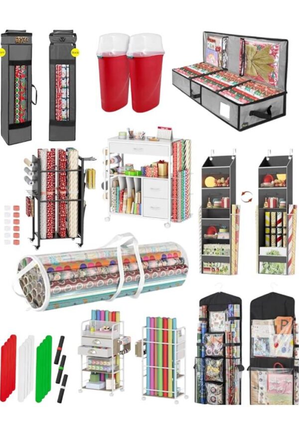 Collage of various gift wrap storage solutions, including hanging organizers, storage bins, rolling carts, tote bags, shelves, and clear zipper bags, all holding colorful rolls of wrapping paper and related supplies.