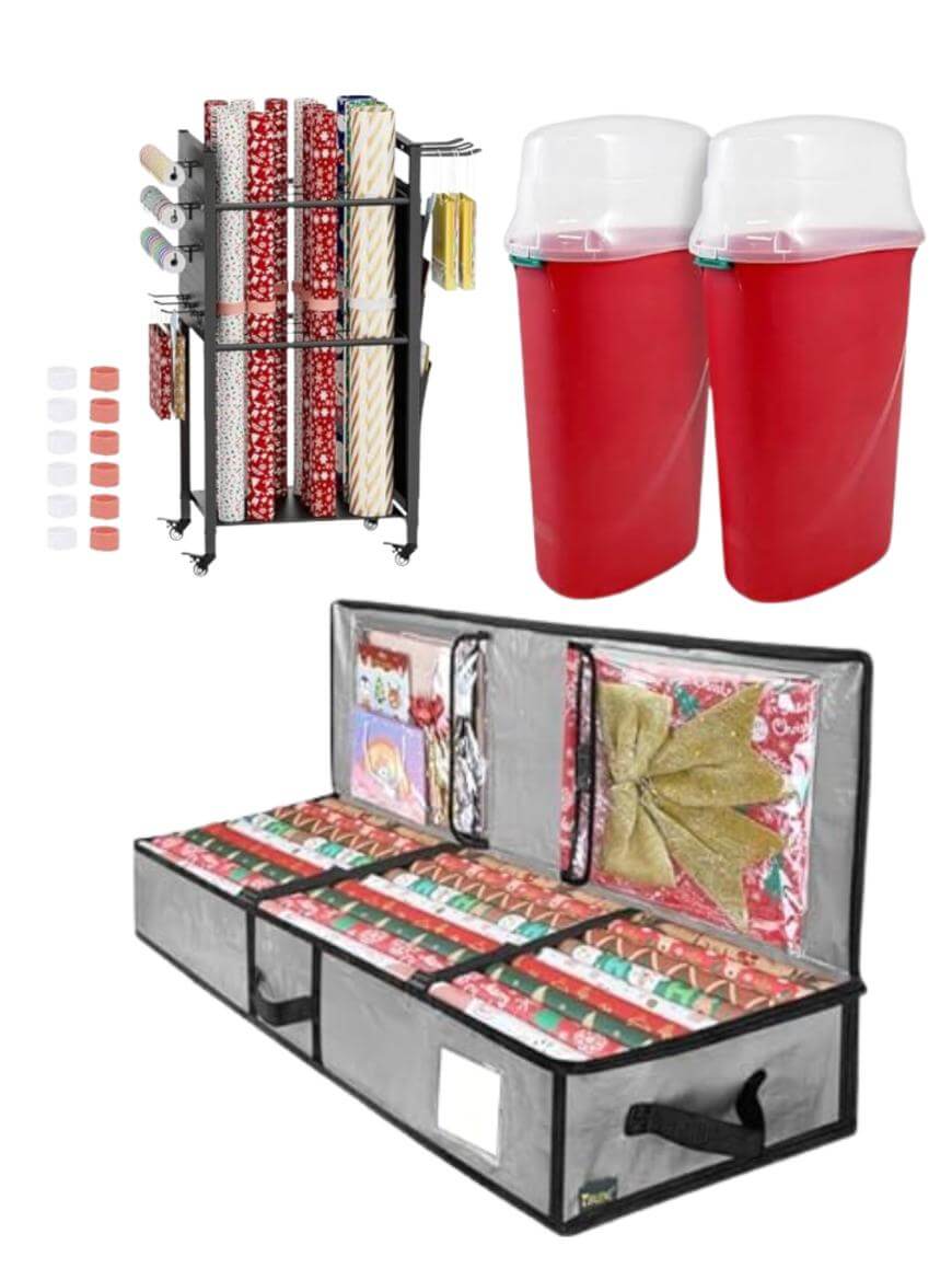 A set of Christmas storage items: a black gift wrap organizer rack, two large red plastic bins with white lids, a gray zip-up case holding wrapping paper and bows, and a set of small rectangular label stickers.