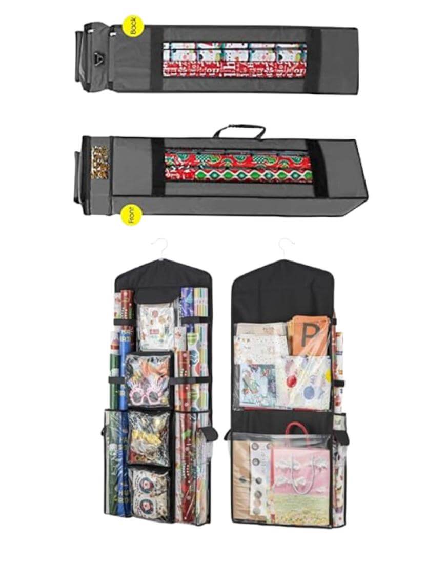 Three black hanging storage organizers hold and display rolls of wrapping paper, gift bags, bows, and other gift-wrapping supplies in various compartments, shown folded and fully opened.