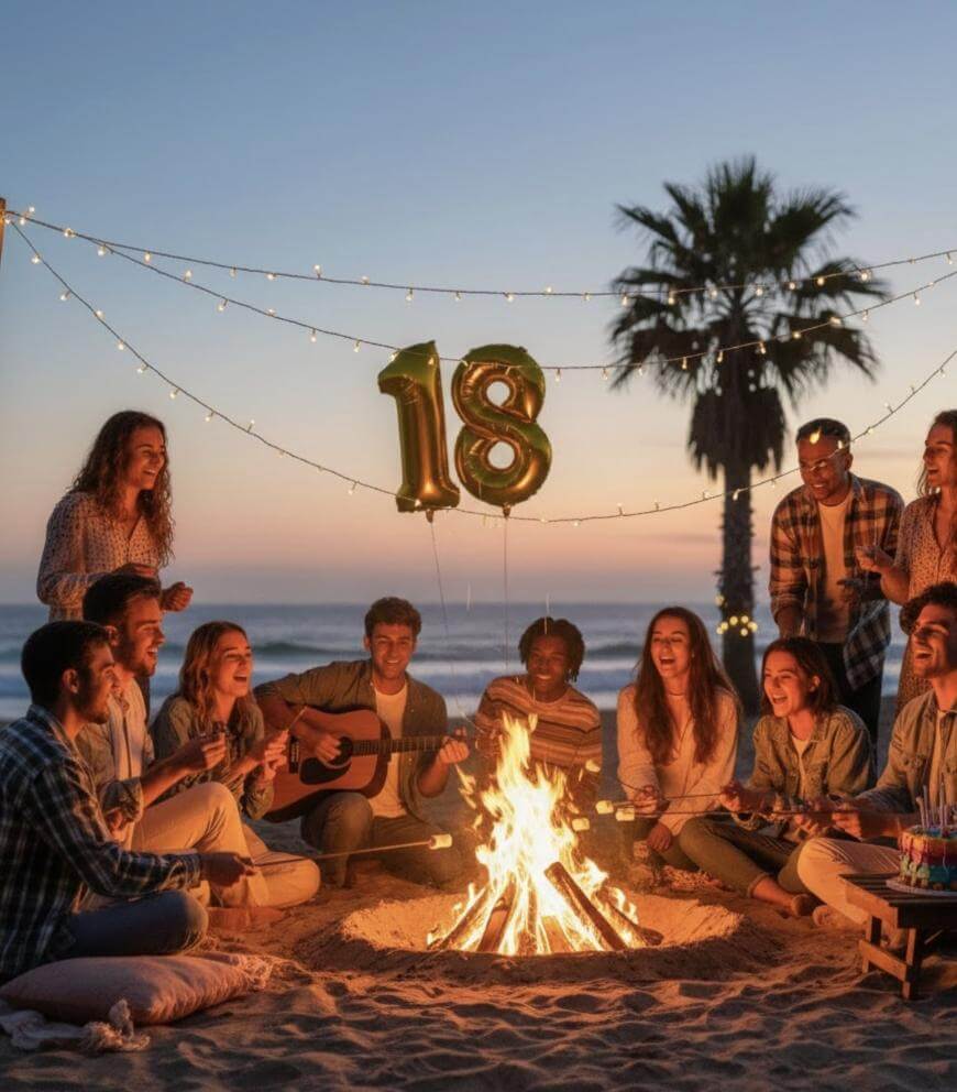 A group of young people celebrate an 18th birthday around a bonfire on the beach at sunset, with string lights and gold “18” balloons overhead, palm trees, and the ocean in the background.