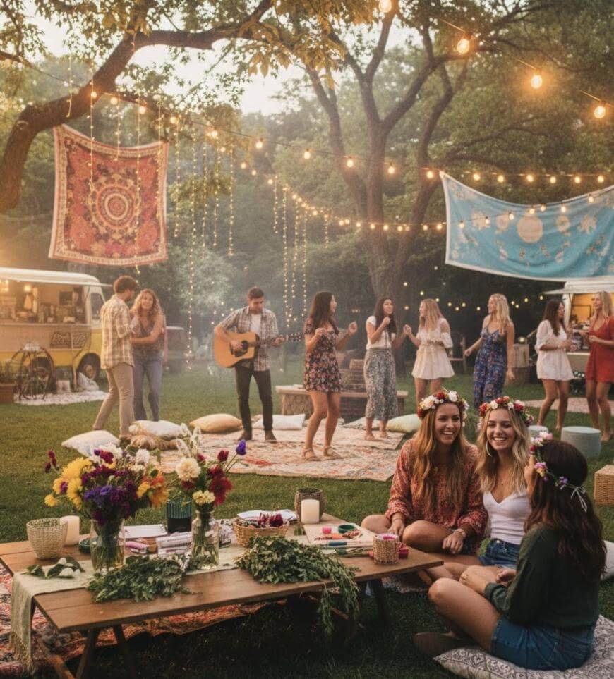 A group of young people enjoy a bohemian-style outdoor party with string lights, tapestries, and flower crowns. Some sit at a low table with crafts, while others dance and listen to live guitar music near vintage vans.