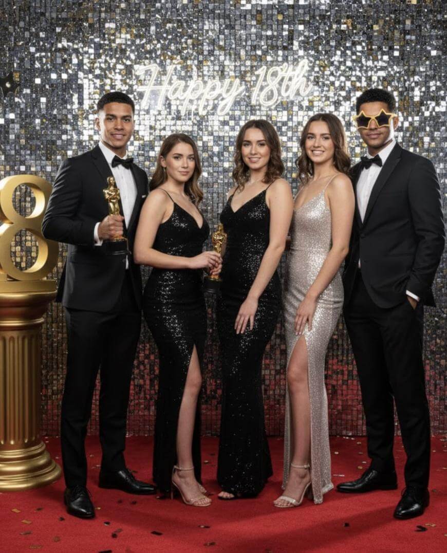 Five young adults dressed in formal evening wear pose on a red carpet in front of a sparkly silver backdrop with a Happy 18th sign. One holds a trophy, another wears novelty star-shaped glasses.