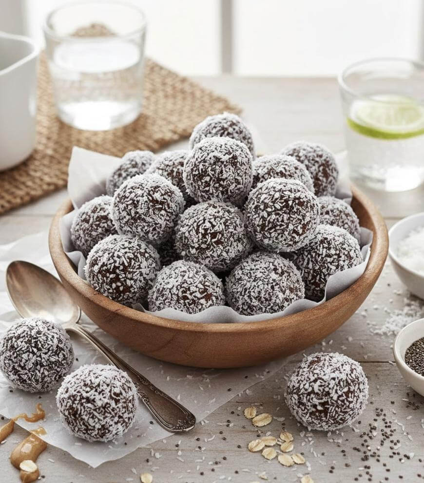 A wooden bowl filled with round chocolate energy balls coated in shredded coconut, placed on a table with scattered oats and seeds. Spoons, glasses of water, and small bowls surround the bowl.