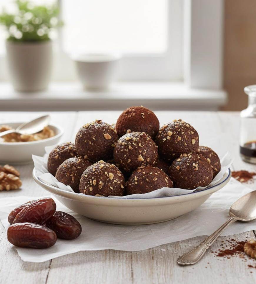 A white bowl filled with round, chocolate-colored energy balls topped with crushed nuts sits on a wooden table beside dates, walnuts, a spoon, and a jar, with a sunny window in the background.