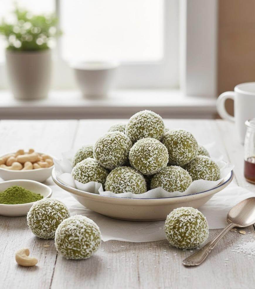 A plate of green matcha energy balls coated in shredded coconut sits on a white wooden table, surrounded by loose matcha powder, cashews, a spoon, and a cup, with a bright window in the background.