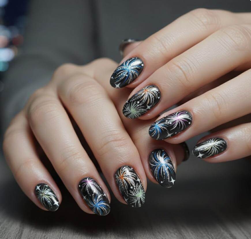 Close-up of hands with long black nails featuring colorful fireworks designs in blue, pink, yellow, and white, with a glossy finish. The background is blurred, emphasizing the festive nail art.