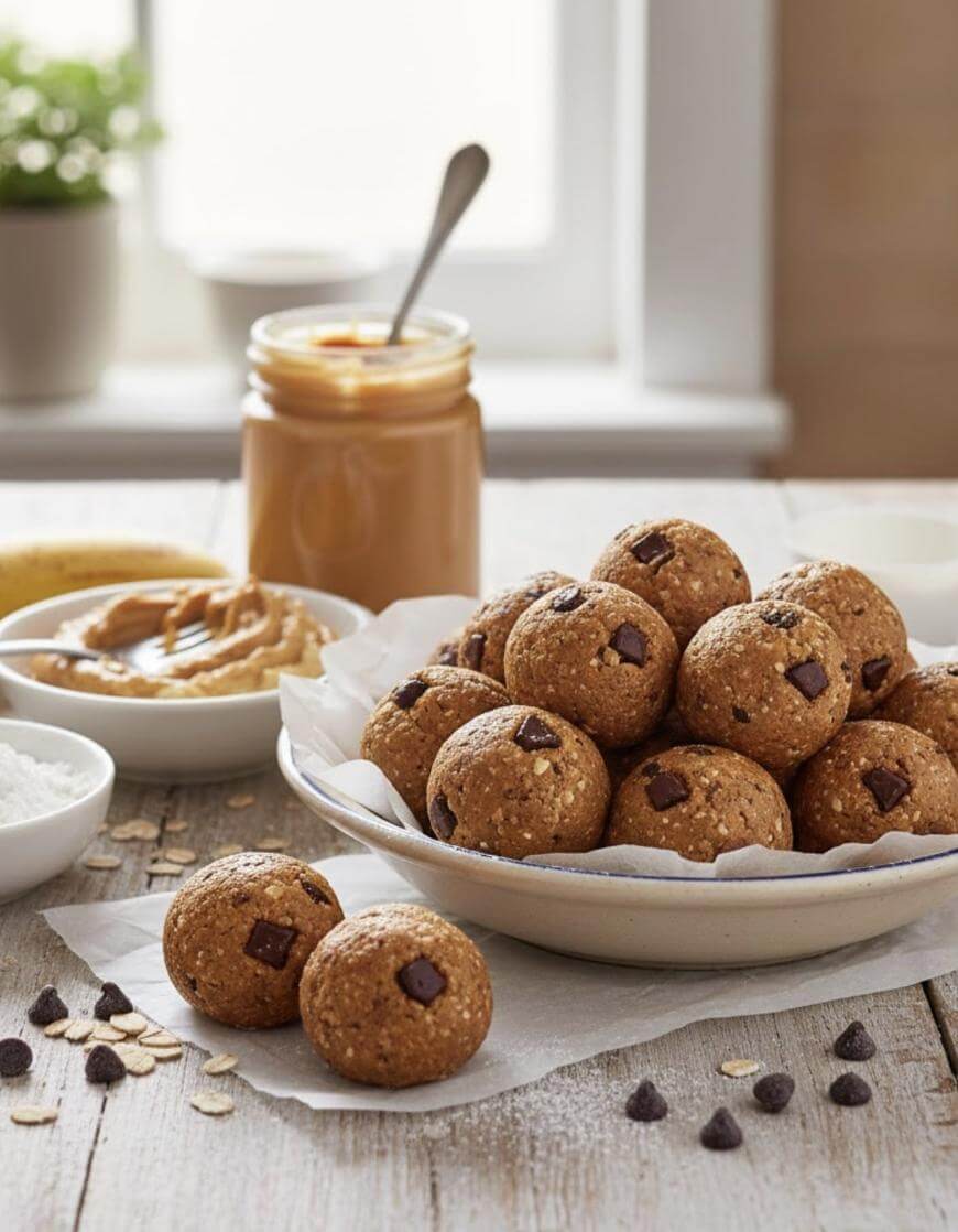 A plate of round, homemade energy bites with chocolate chips sits on a table, surrounded by bowls of oats, peanut butter, flour, and chocolate chips. A jar of peanut butter and a spoon are blurred in the background.
