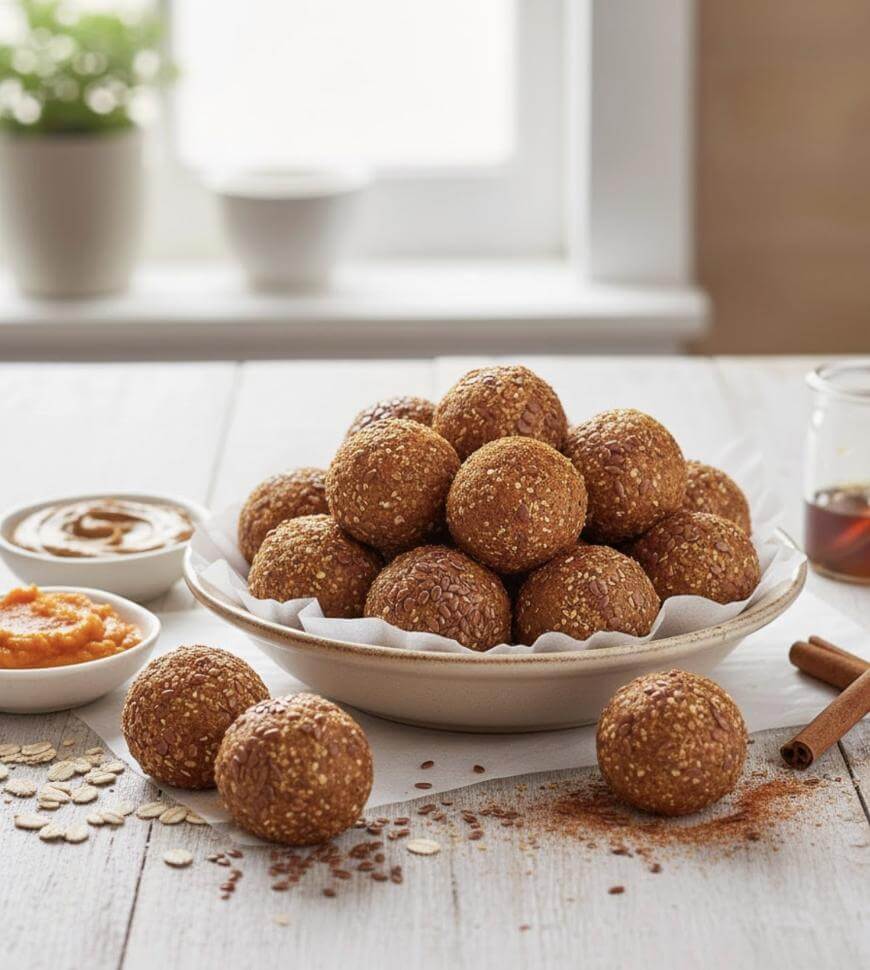 A plate of round, brown sesame and oat balls sits on a table with a few scattered around it. Nearby are bowls of nut butter, a small jar of honey, cinnamon sticks, and oats. The background shows a sunlit window.