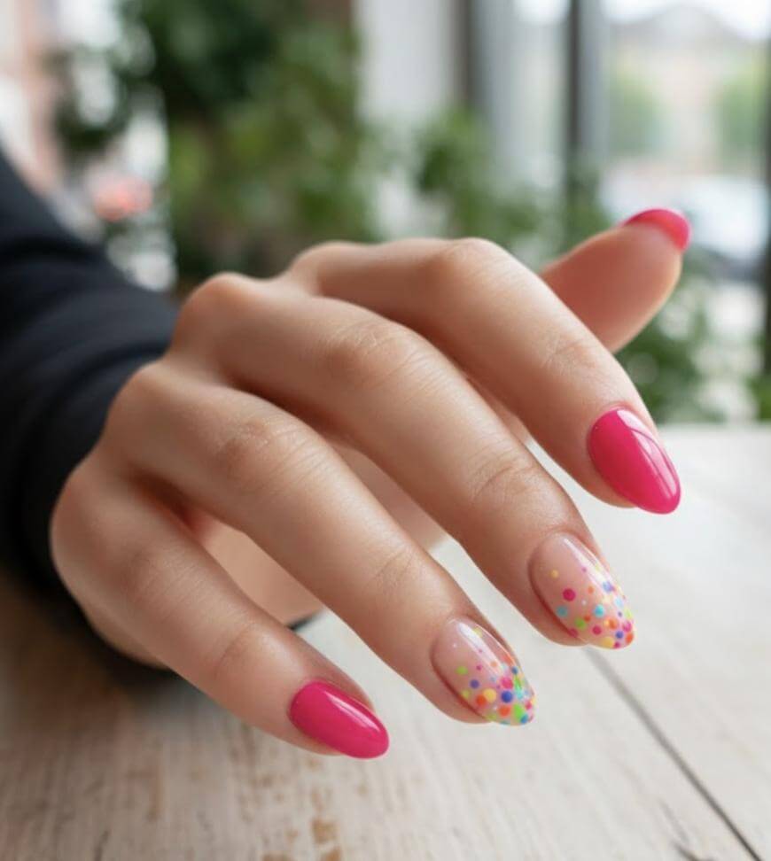 A hand with almond-shaped nails featuring bright pink polish on most fingers and a clear base with colorful polka dots on the ring and middle fingers, resting on a wooden surface.