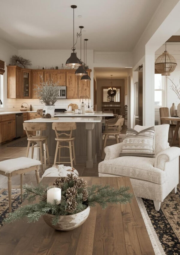 A cozy, rustic kitchen with wooden cabinets, modern appliances, and a large island with barstools. In the foreground, an armchair and coffee table with a bowl of pinecones and a candle create a warm, inviting atmosphere.