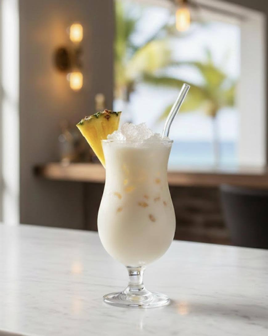 A pina colada garnished with a pineapple wedge and served with a glass straw sits on a marble counter, with a blurred tropical background featuring palm trees and ocean views.